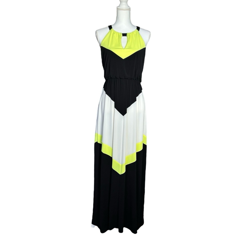 VINCE CAMUTO Halter Maxi Dress Chevron Colorblock Black Yellow SEE Measurements - Picture 2 of 10